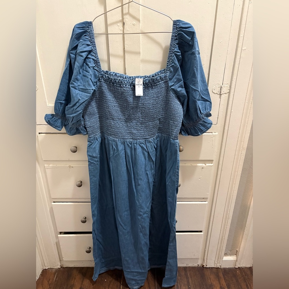NWT GAP XXL Medium Washed Blue Denim Smocked Ruffle Puff Sleeve Midi/Long Dress